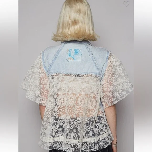 Last one 🩵POL. New. Denim and Lace Patchwork Peace Jacket - Picture 4 of 4